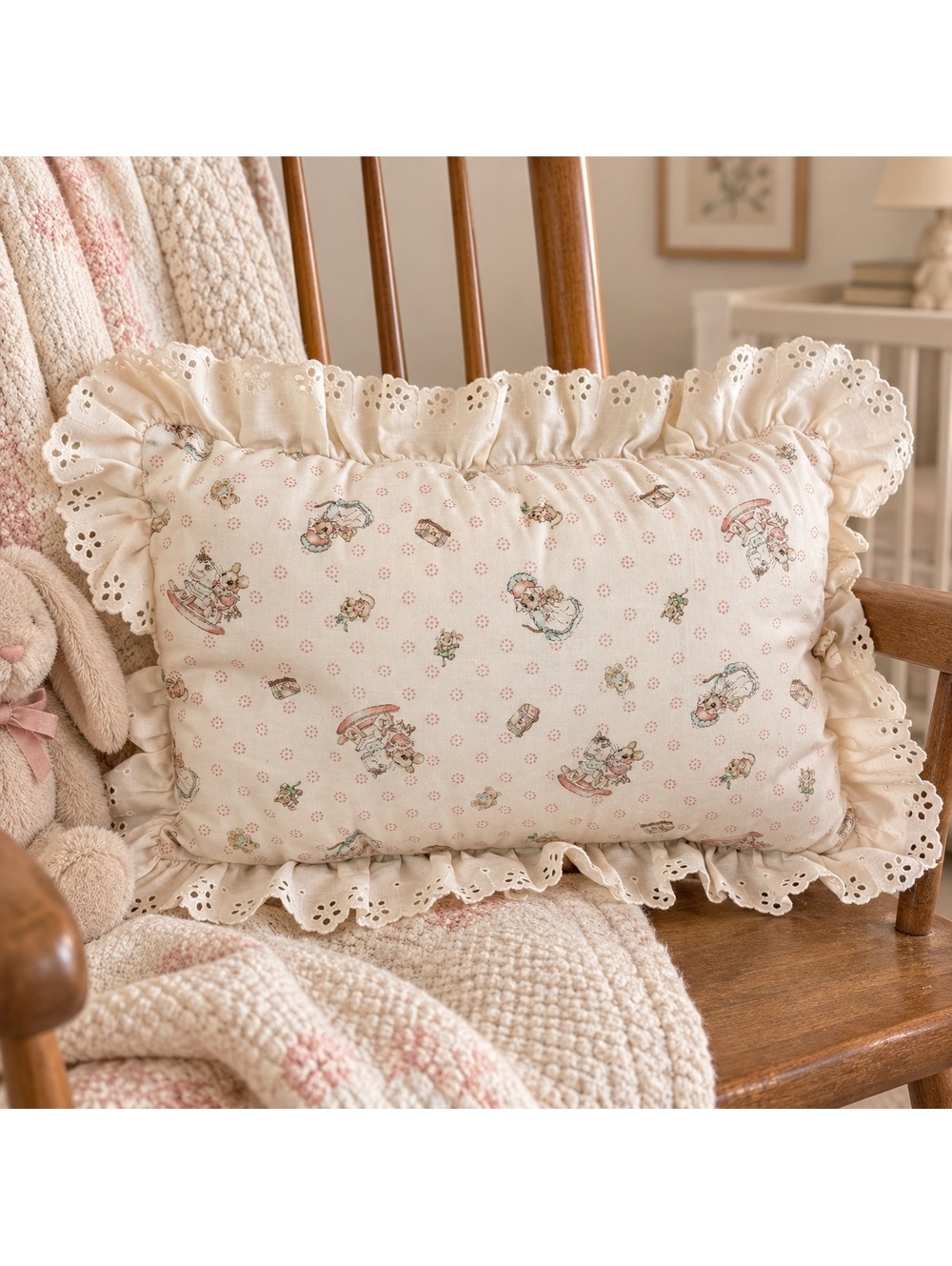 Vintage Nursery Pillow Mice Rocking Horse Eyelet Lace Ruffle Cottagecore Gift